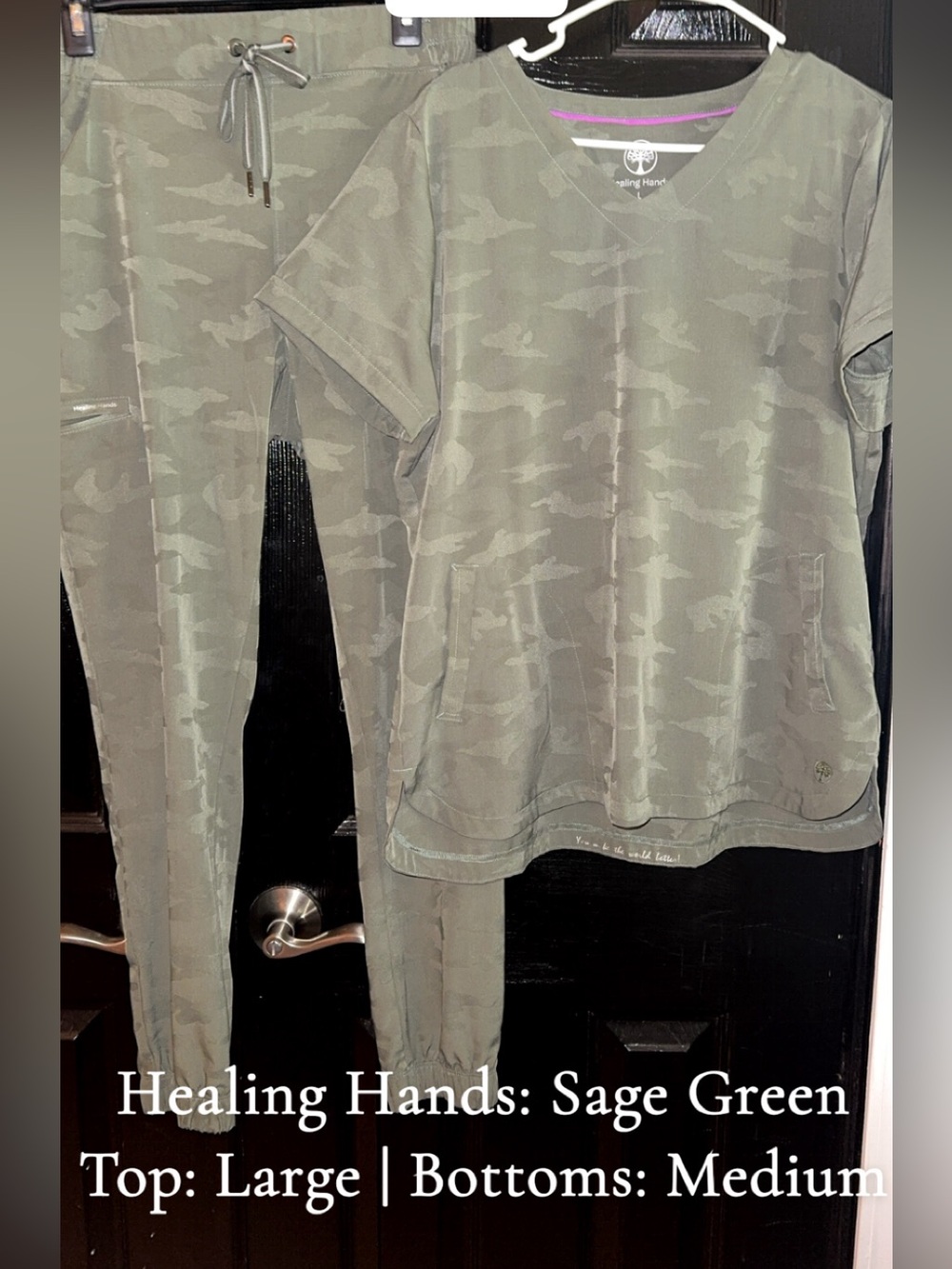 Women’s Scrub Set. Healing Hands Sage Green Camo Scrub Set